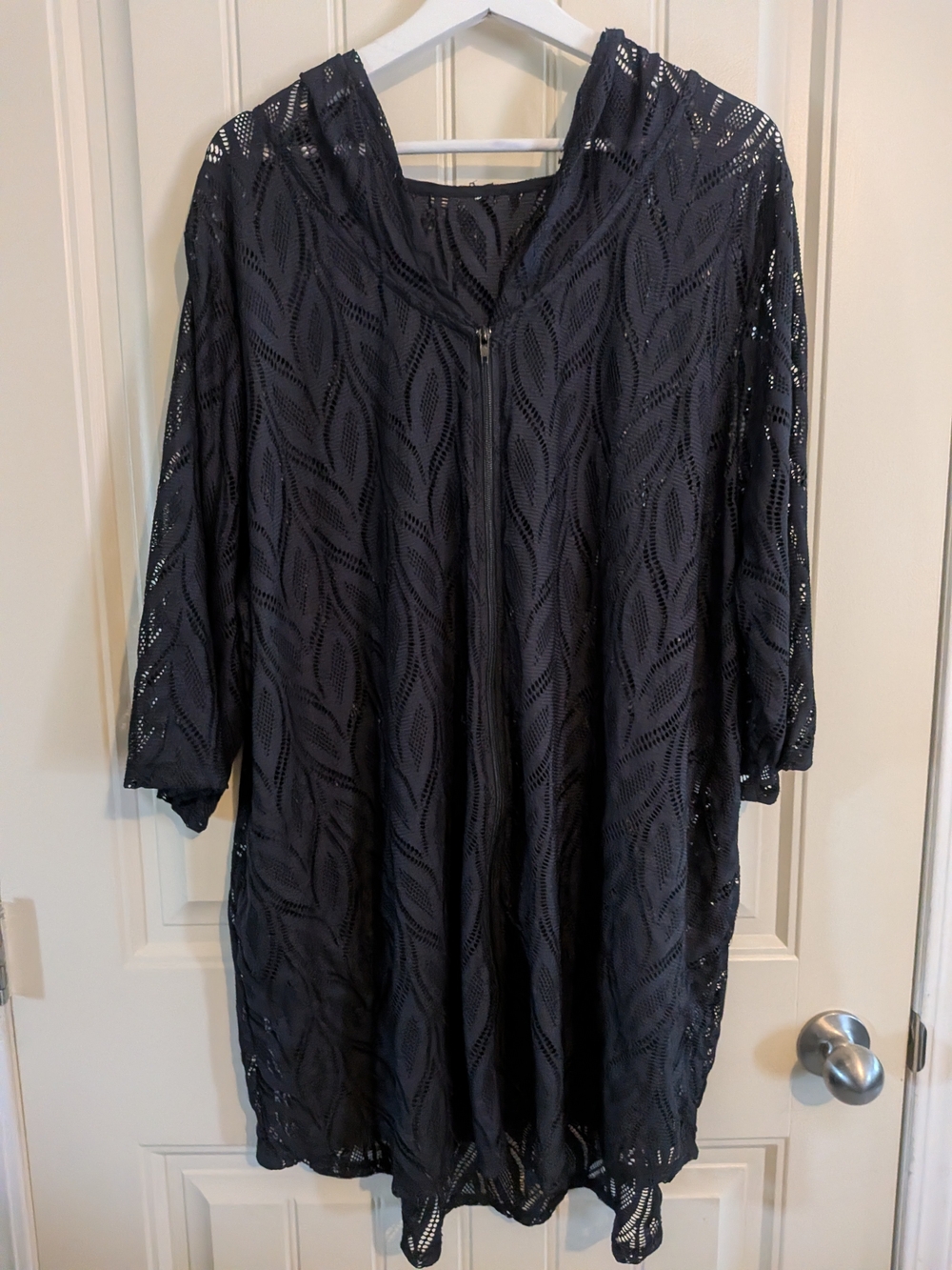 Black Lace Openwork Hooded Zip Tunic
